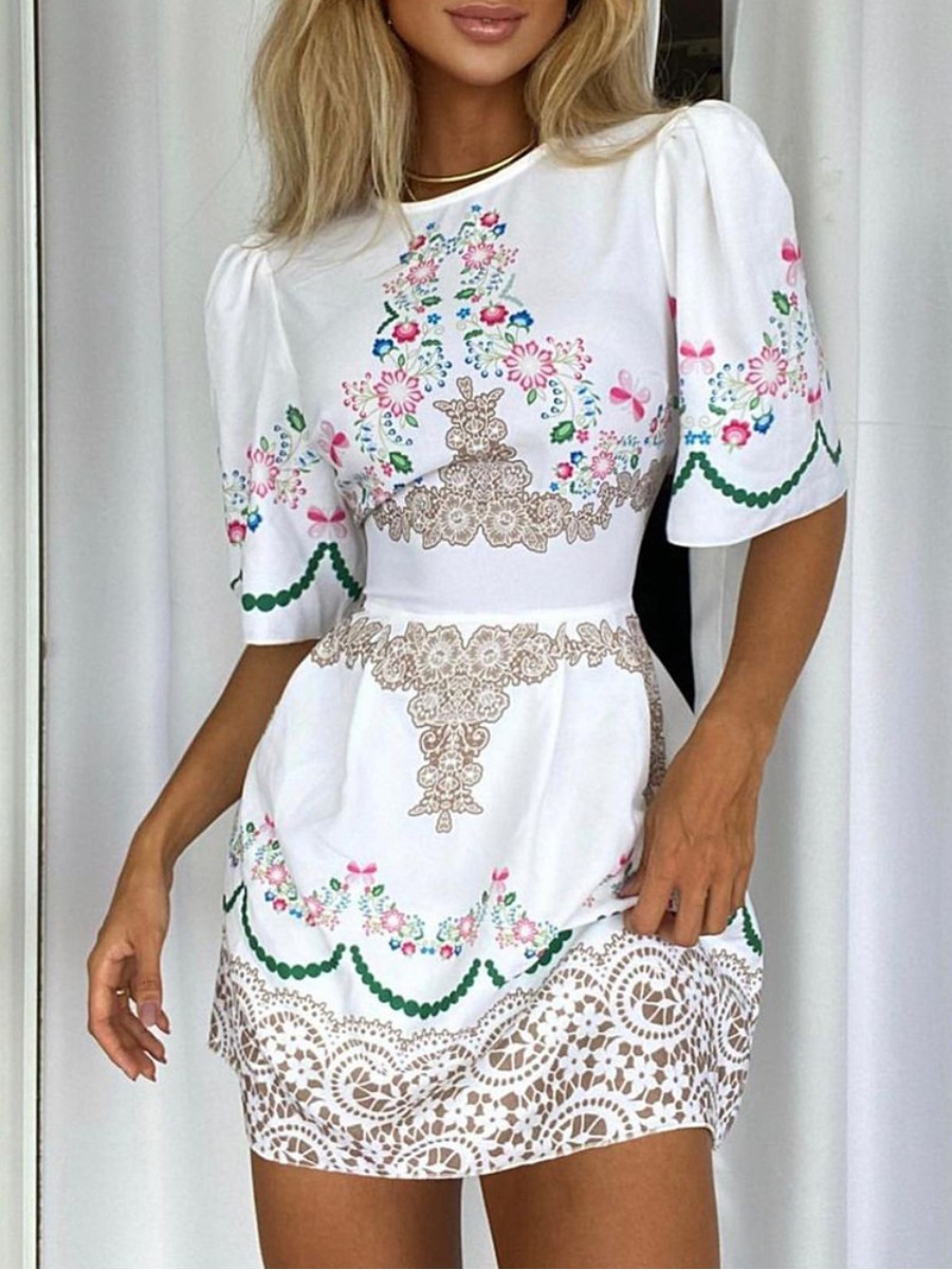 

LW Floral Print Ruffle Design A Line Dress, White