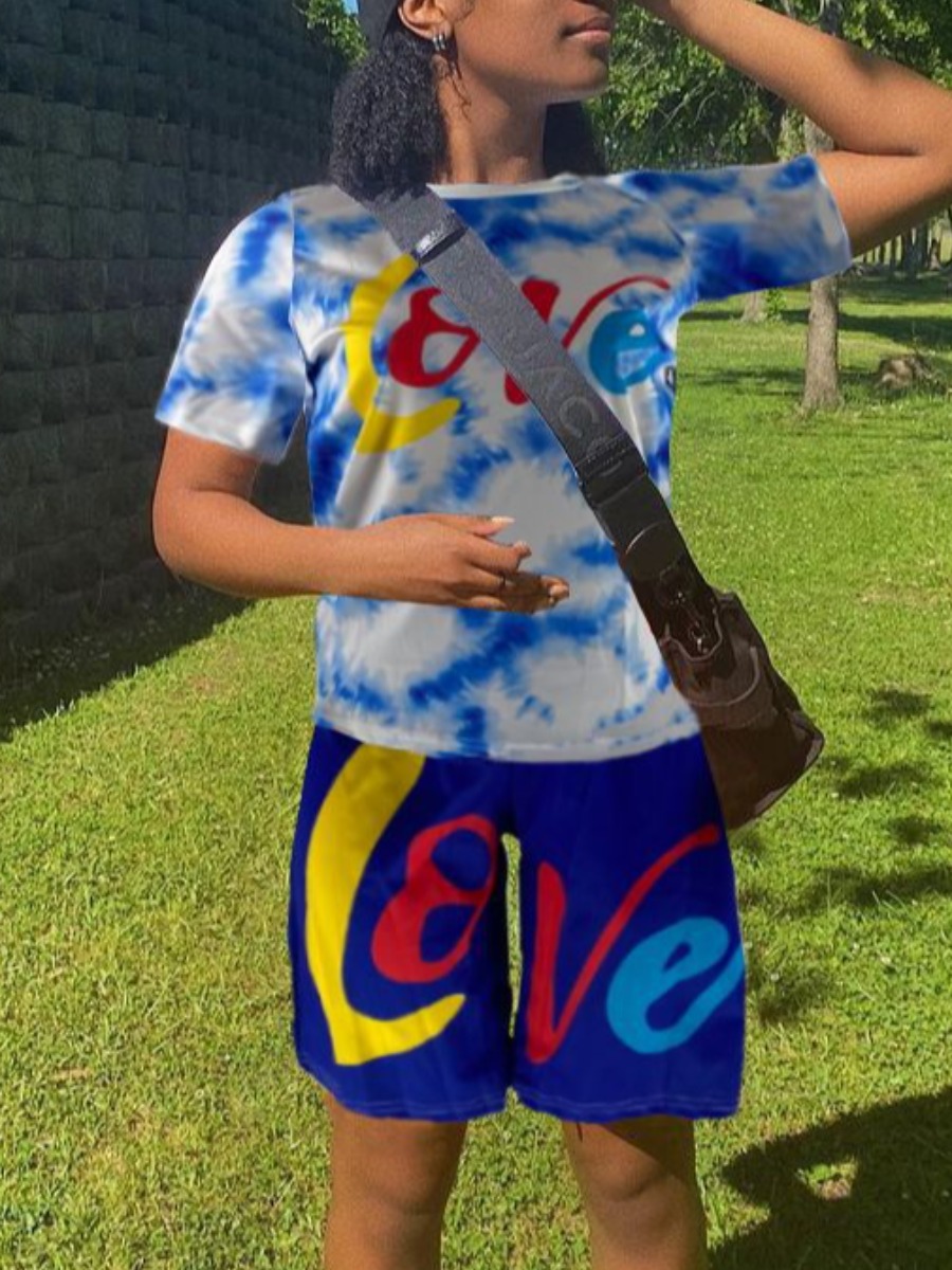 

LW Love Letter Print Tie-dye Shorts Set, Blue