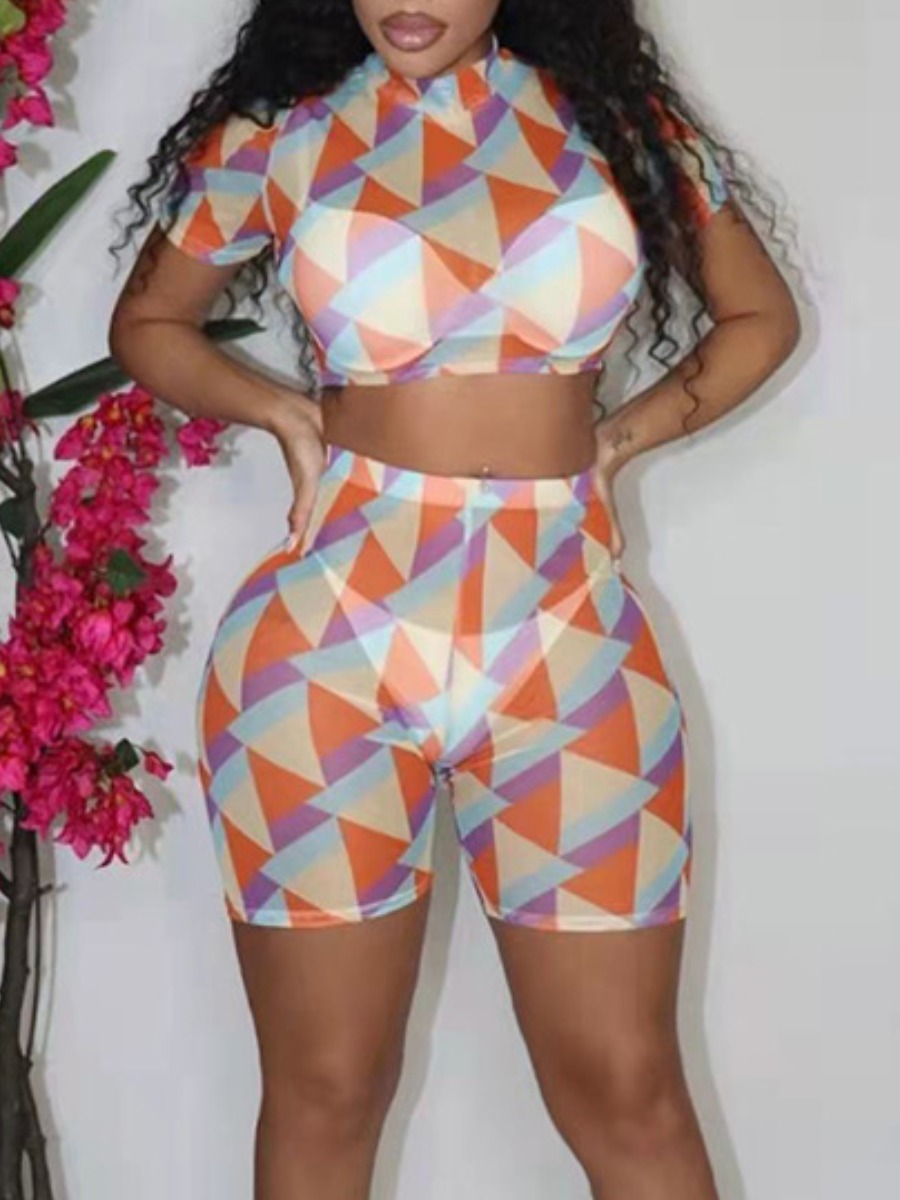 

LW Crop Top Geometric Print See-through Shorts Set, Multi