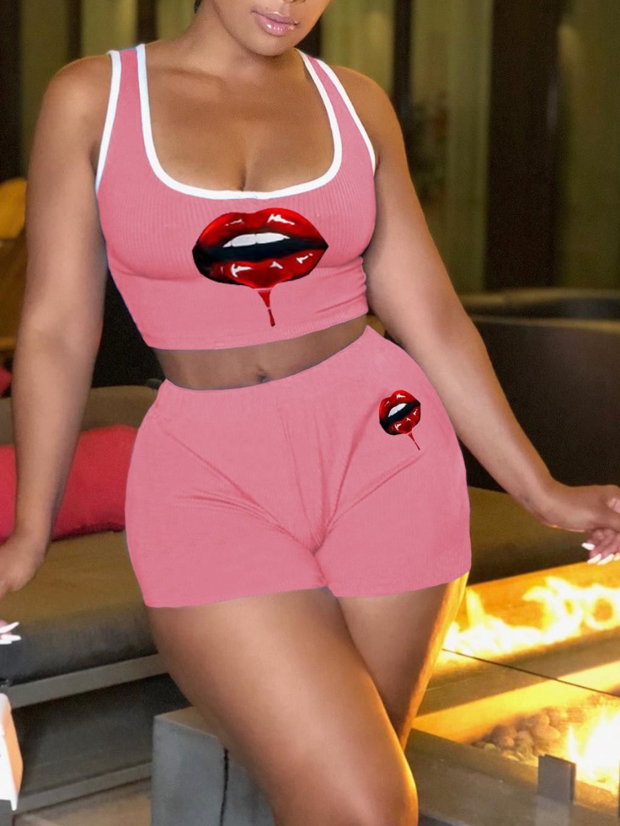 

LW BASICS Cami Lip Print Shorts Set, Pink