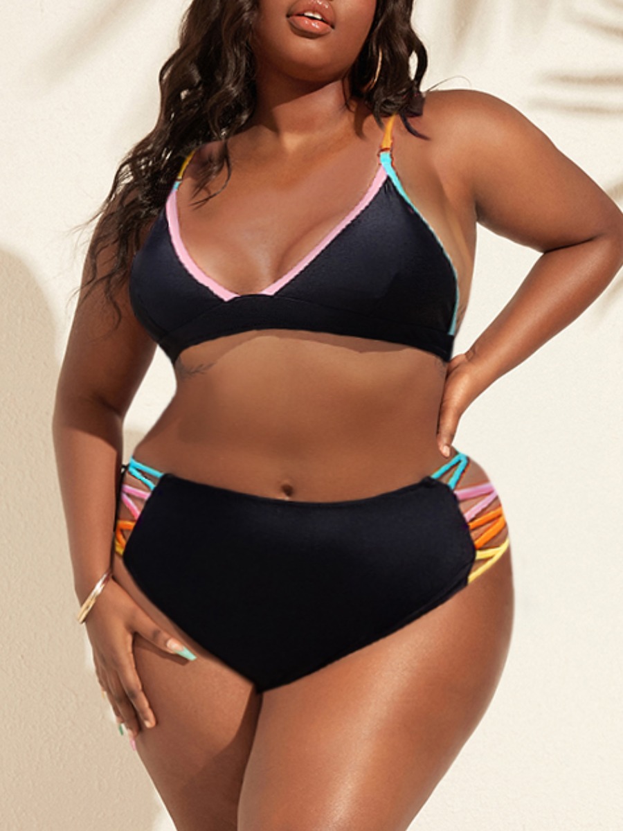 

LW Cross Strap Patchwork Bikini Set, Black