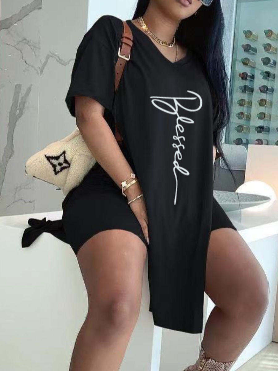 

LW Blessed Letter Print Split Shorts Set, Black