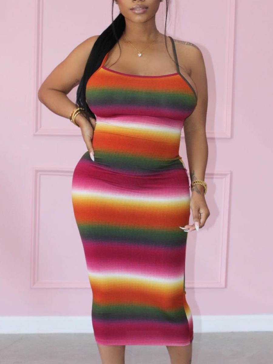 

LW Plus Size Striped Backless Bodycon Dress, Multi