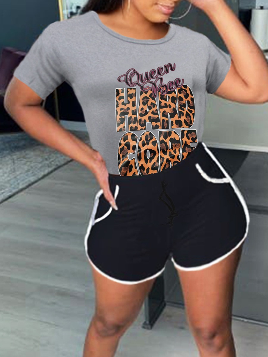

LW Leopard Letter Print Shorts Set, Grey