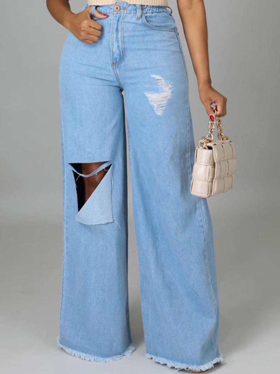 

LW Mid Waist Ripped Low Stretchy Jeans, Baby blue