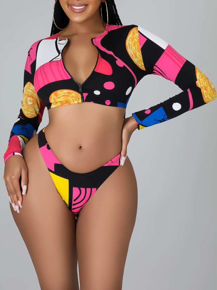 

LW Mixed Print Crop Top Tankini, Black