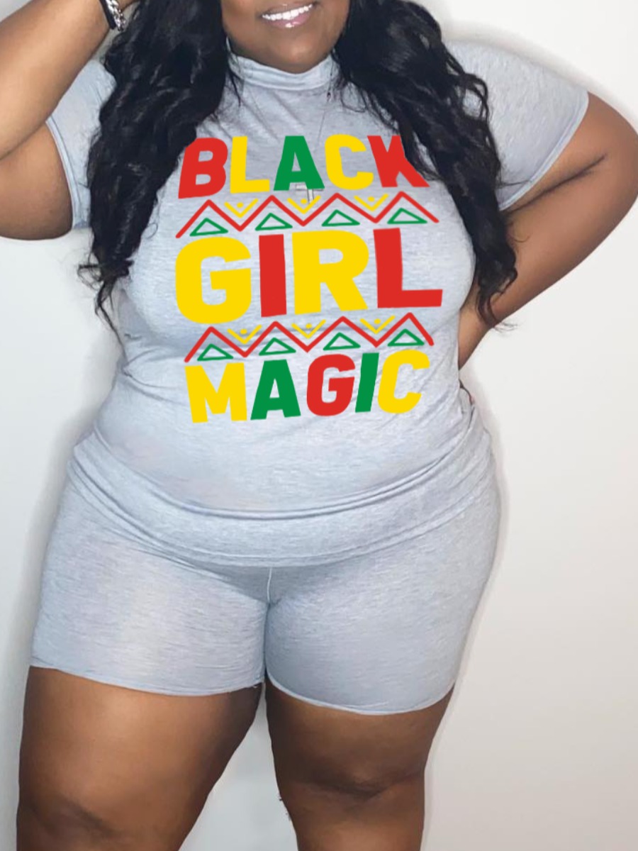 

LW Plus Size Magic Letter Print Shorts Set, Grey