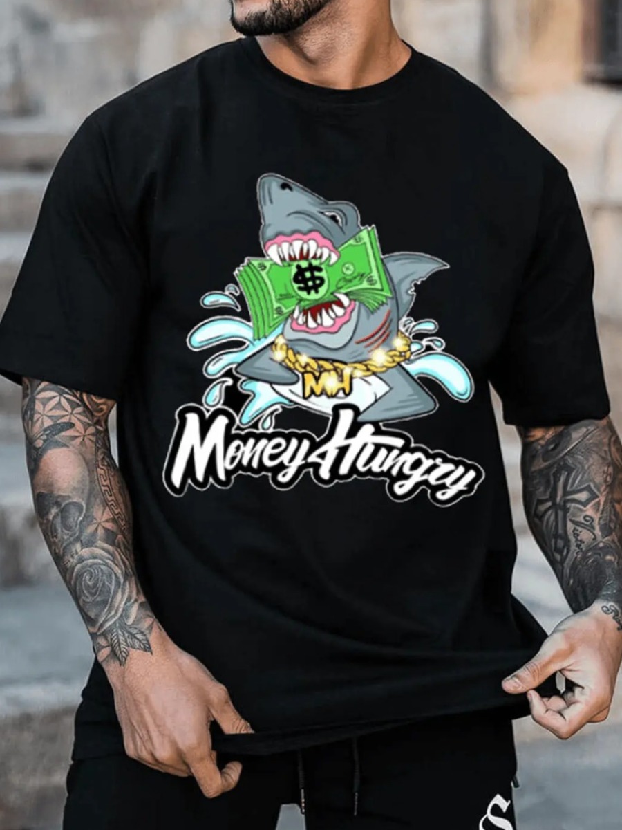 

LW Men Cartoon Letter Print T-shirt, Black