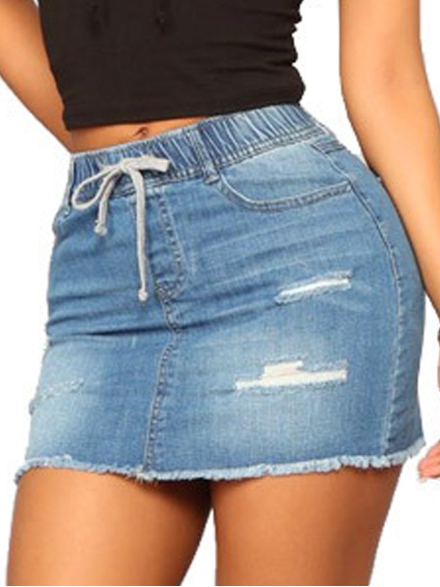 

LW Mid-Waist Distressed Ripped Raw Edge Medium Stretchy Denim Skirts, Blue