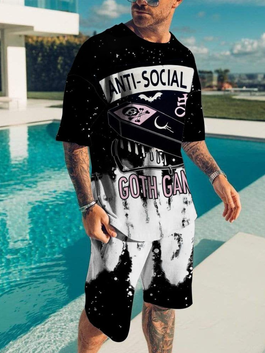 LW Men Letter Print Tie-dye Shorts Set
