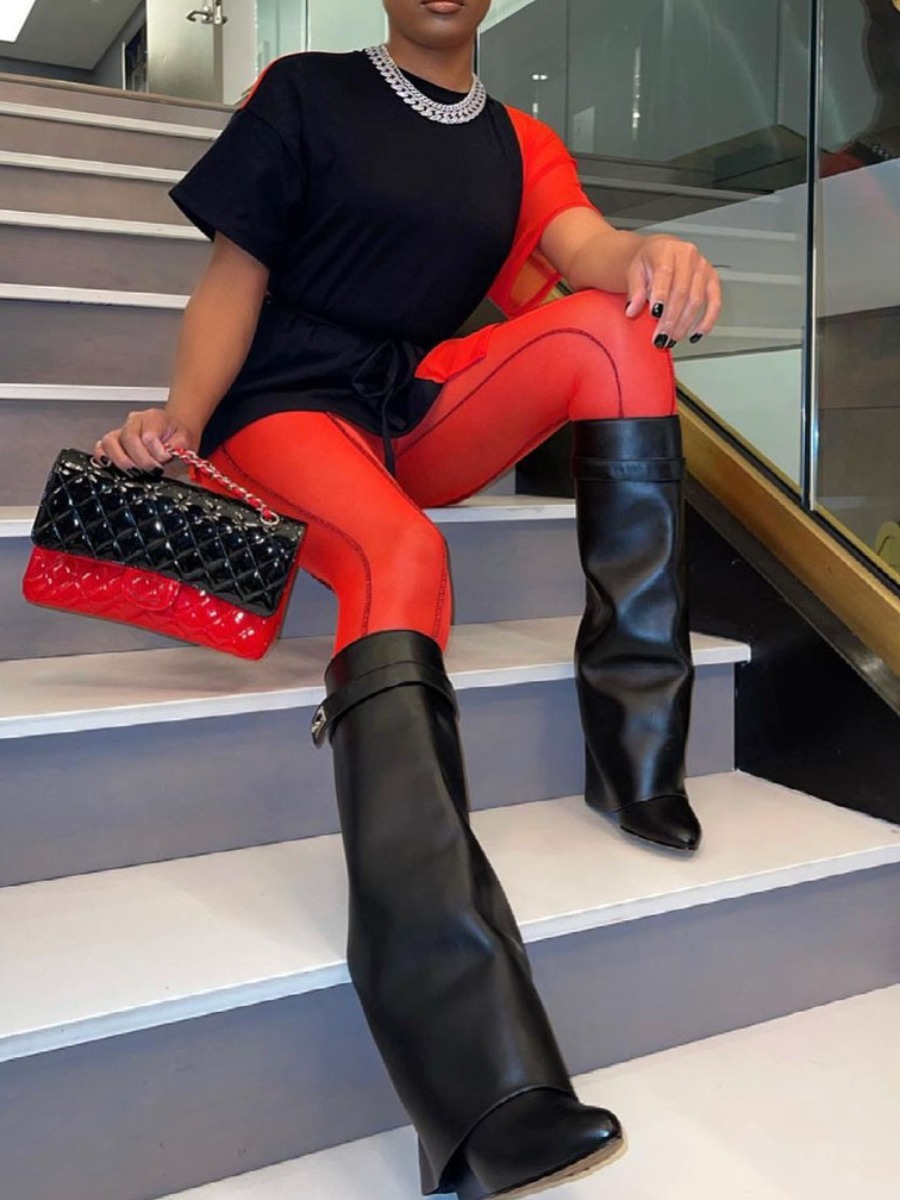 

LW See-through Patchwork Stretchy Pants Set, Red