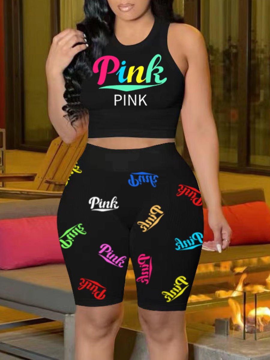 LW Cami Pink Letter Print Shorts Set