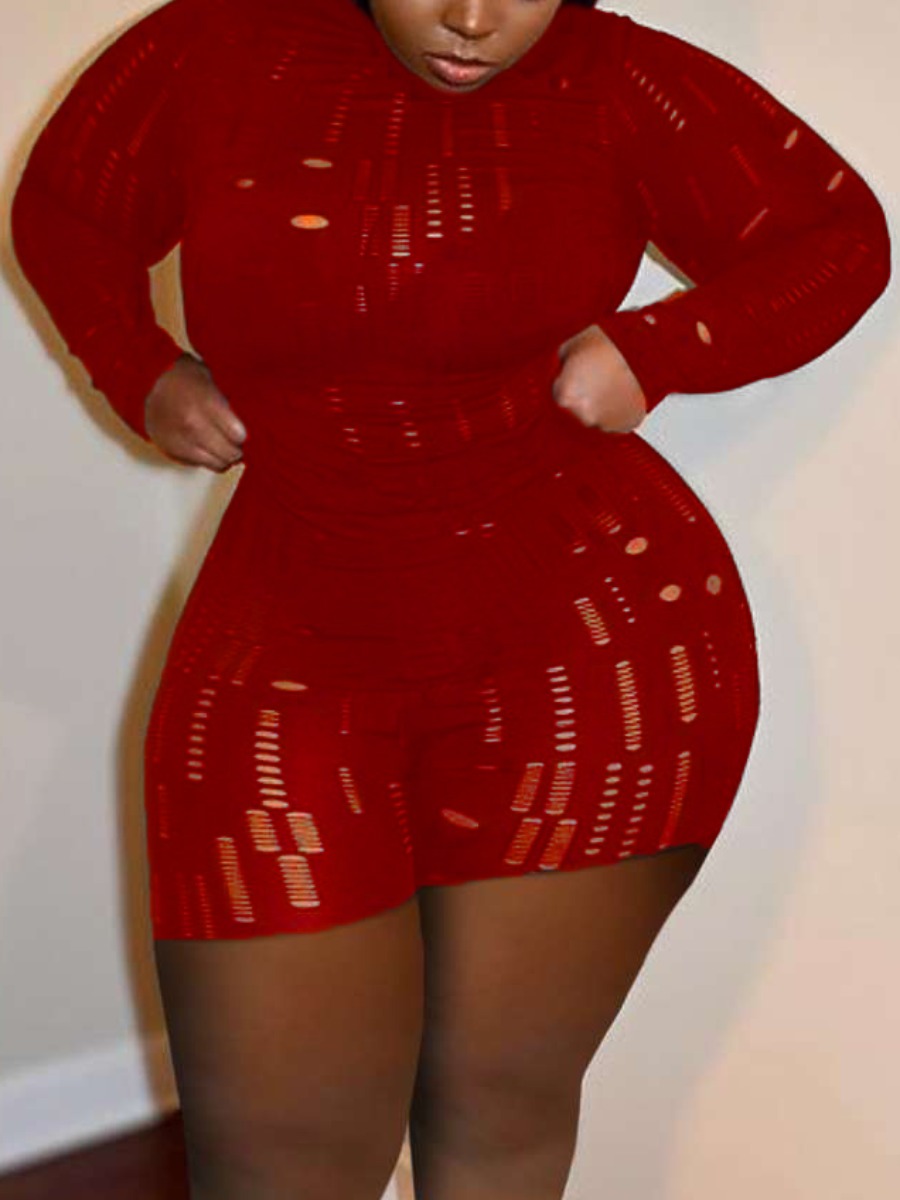 

LW SXY Plus Size Pierced Stretchy Shorts Set, Red