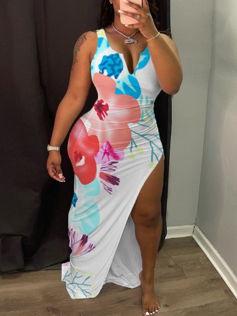 LW Plus Size High Split Floral Wrapped Bodycon Dre