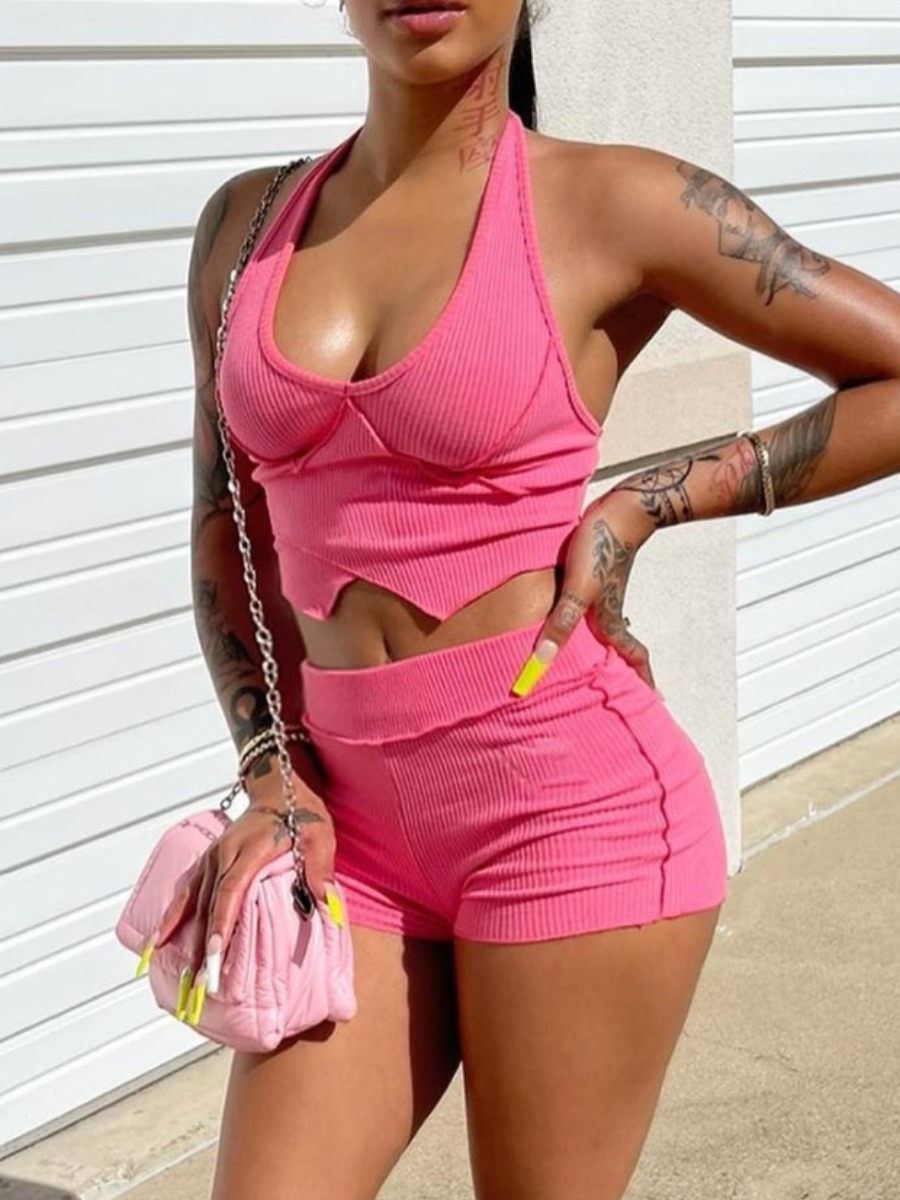 

LW Crop Top Rib-Knit Skinny Stretchy Shorts Set, Pink