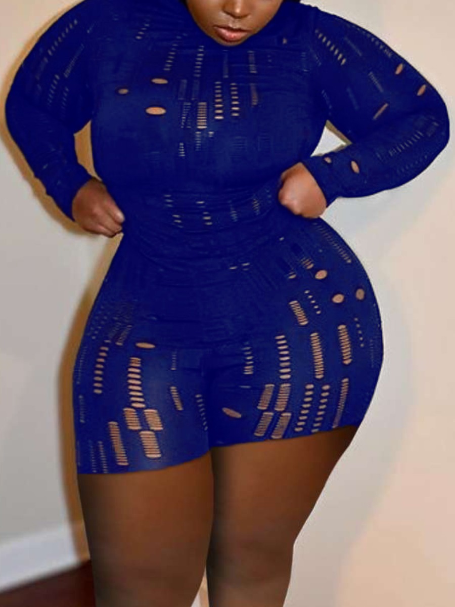 

LW SXY Plus Size Pierced Stretchy Shorts Set, Blue
