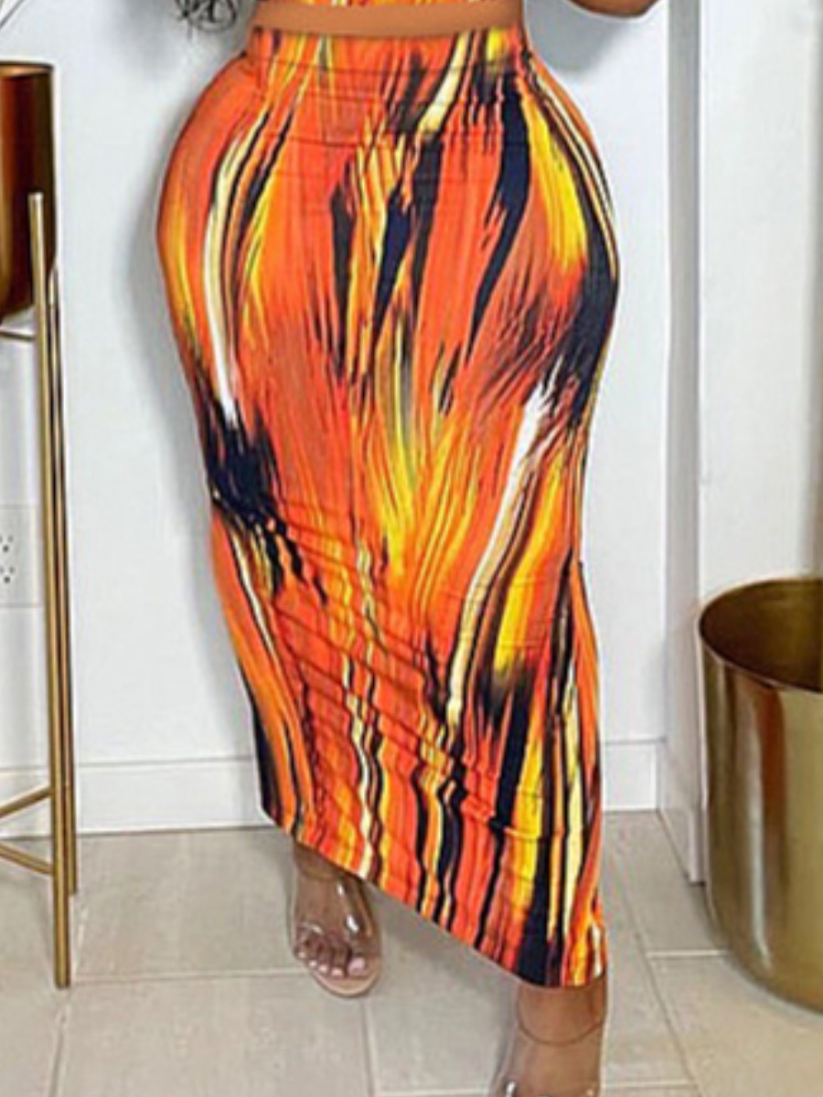 LW Plus Size Tie-dye Bodycon High Stretchy Skirt, Orange