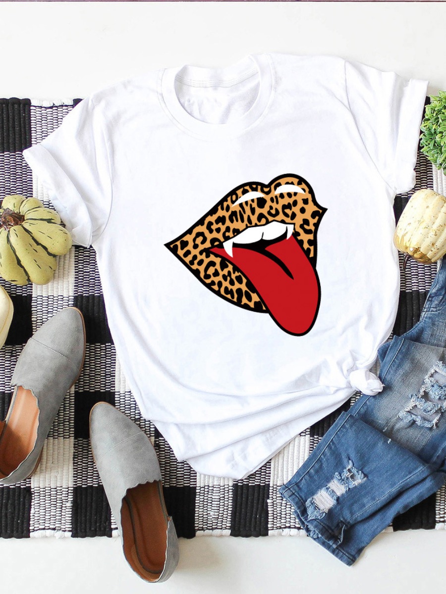 

LW COTTON Plus Size Leopard Lip Print T-shirt, White