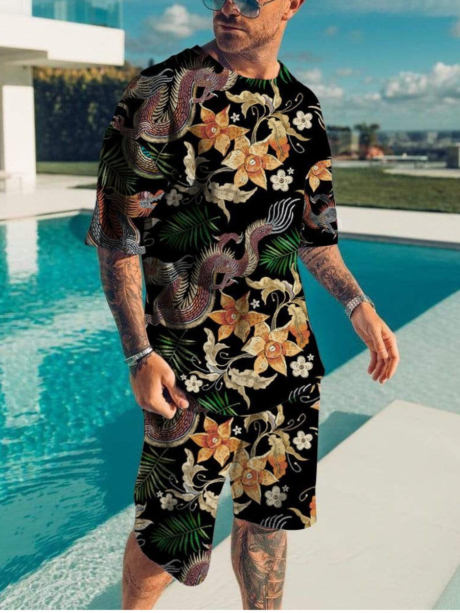 

LW Men Dragon Floral Print Shorts Set, Multi