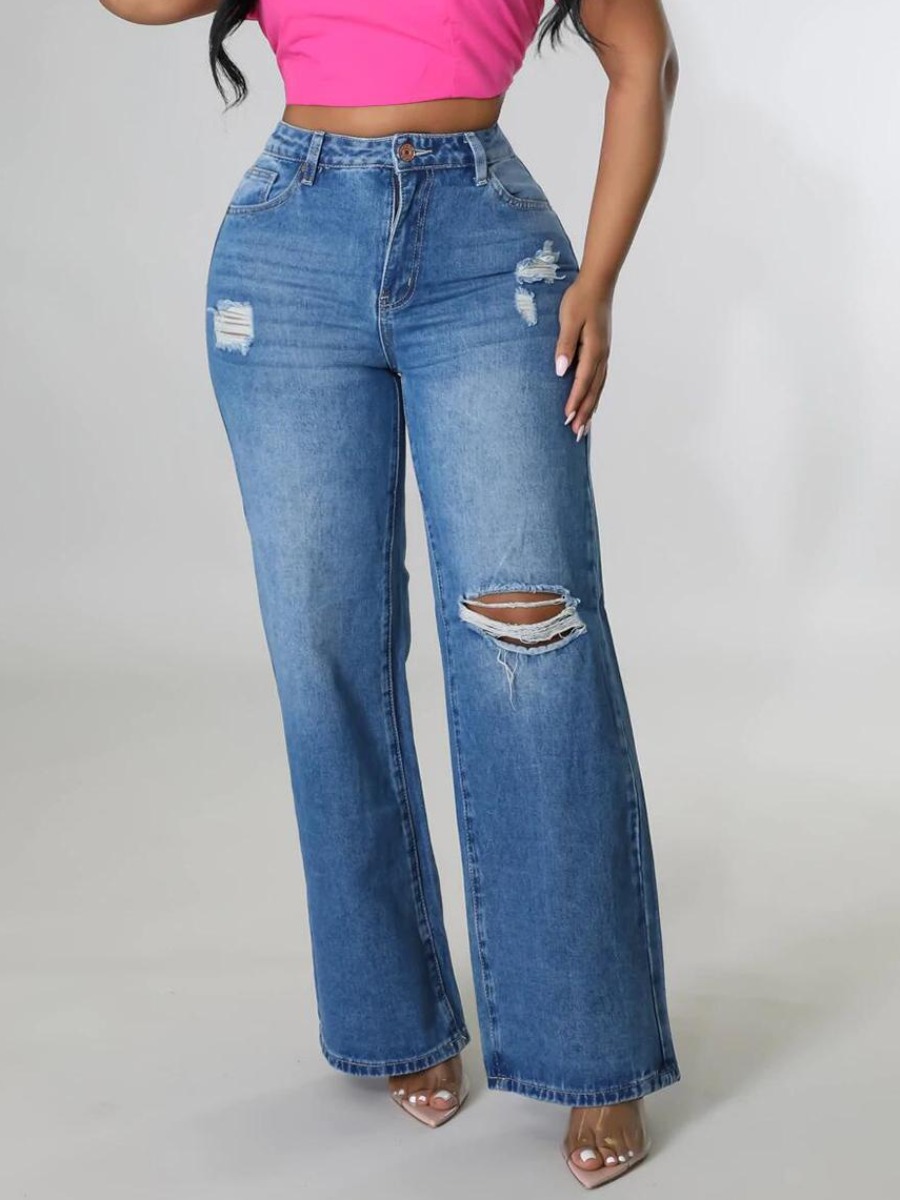 

LW Ripped Straight Low Stretchy Jeans, Deep blue