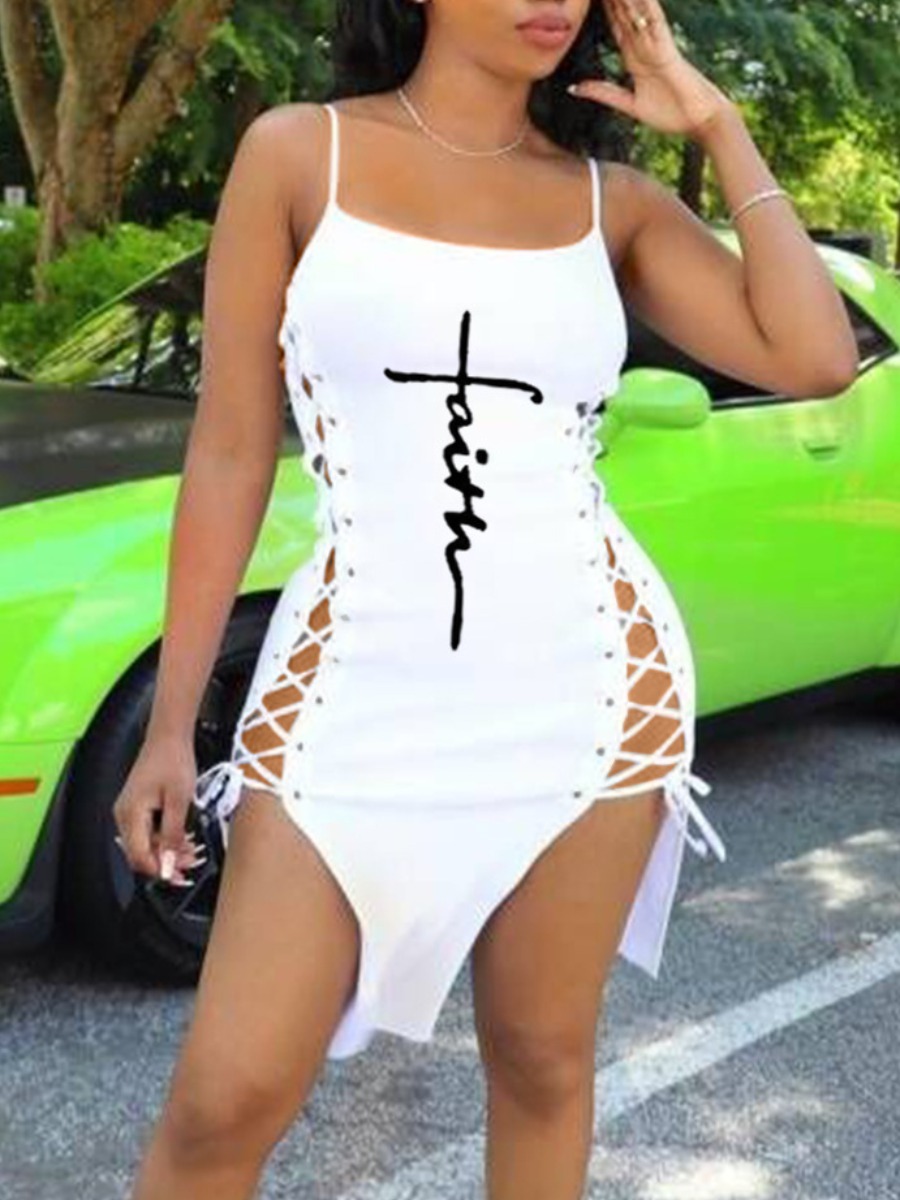 

LW SXY Faith Letter Print Bandage Design Dress, White