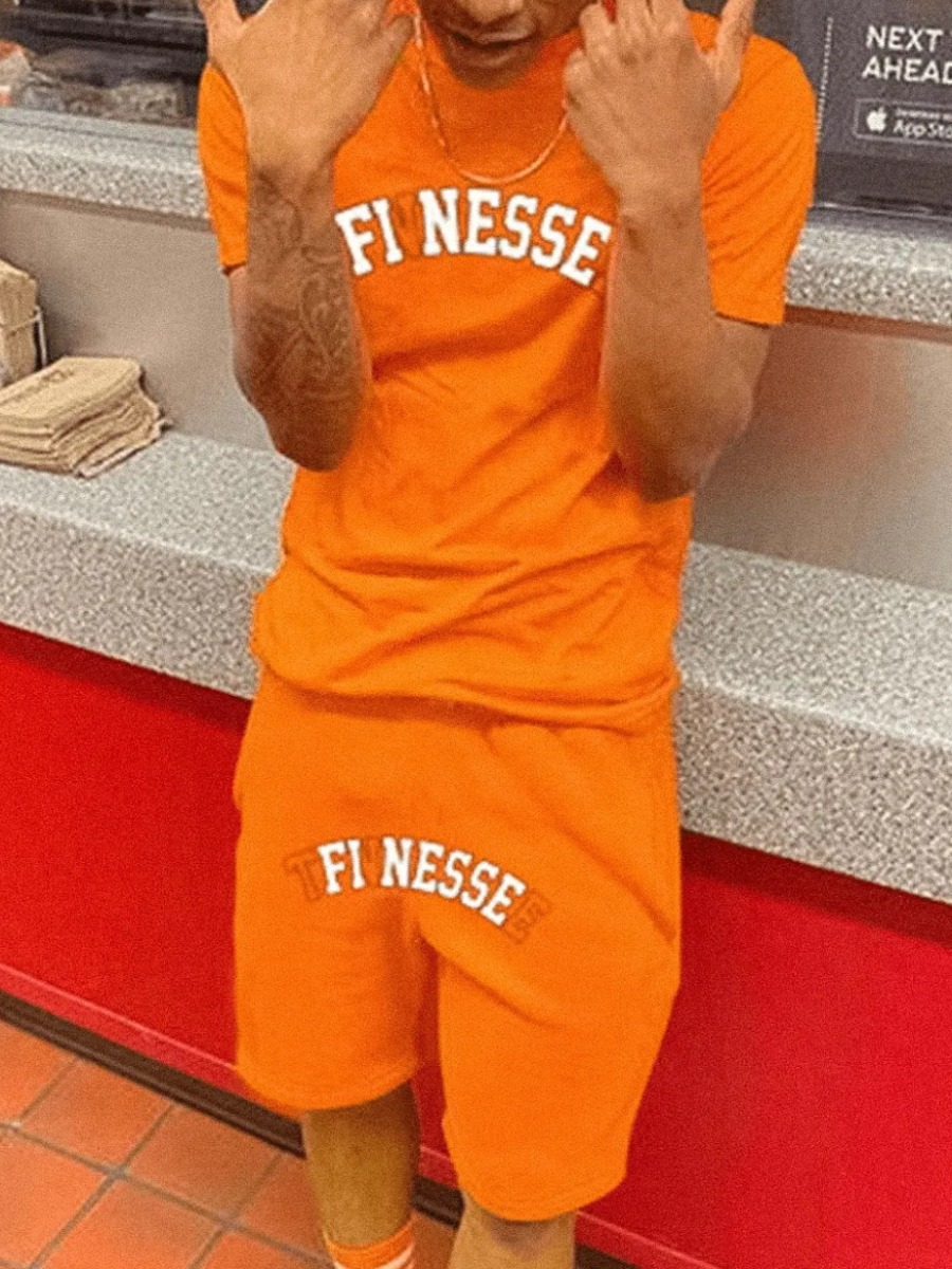 LW Men Round Neck Letter Print Shorts Set