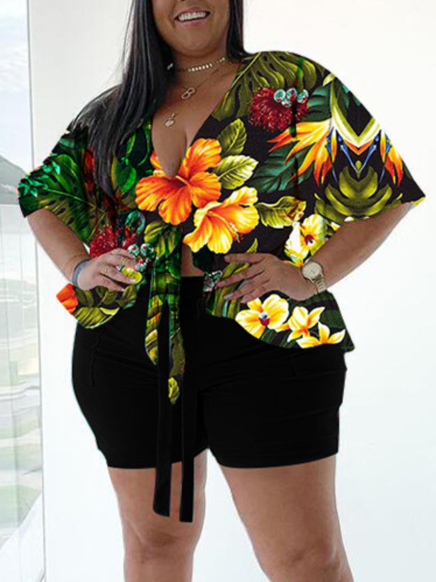 

LW Plus Size Floral Print Bandage Design Shorts Set, Black
