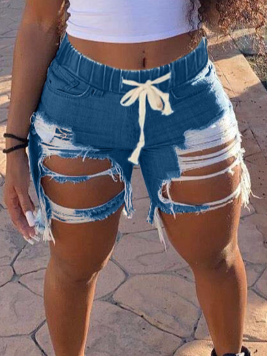 

LW Mid Waist Distressed Ripped Drawstring Denim Shorts, Deep blue