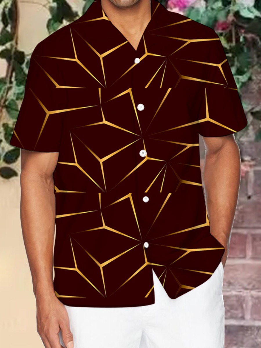 

LW Men Geometric Print Loose Shirt, Wine red