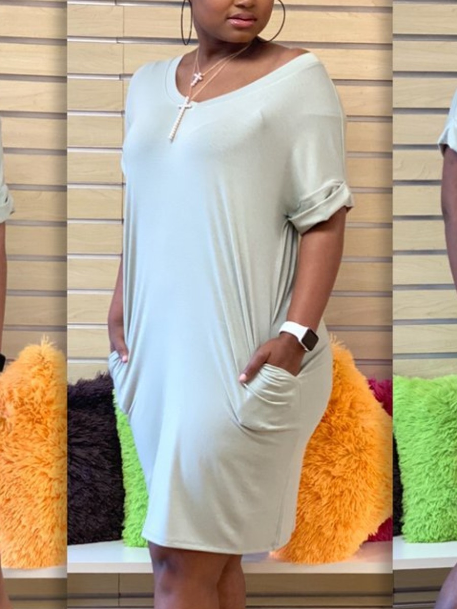 

LW V Neck Pocket Design Dress, Grey
