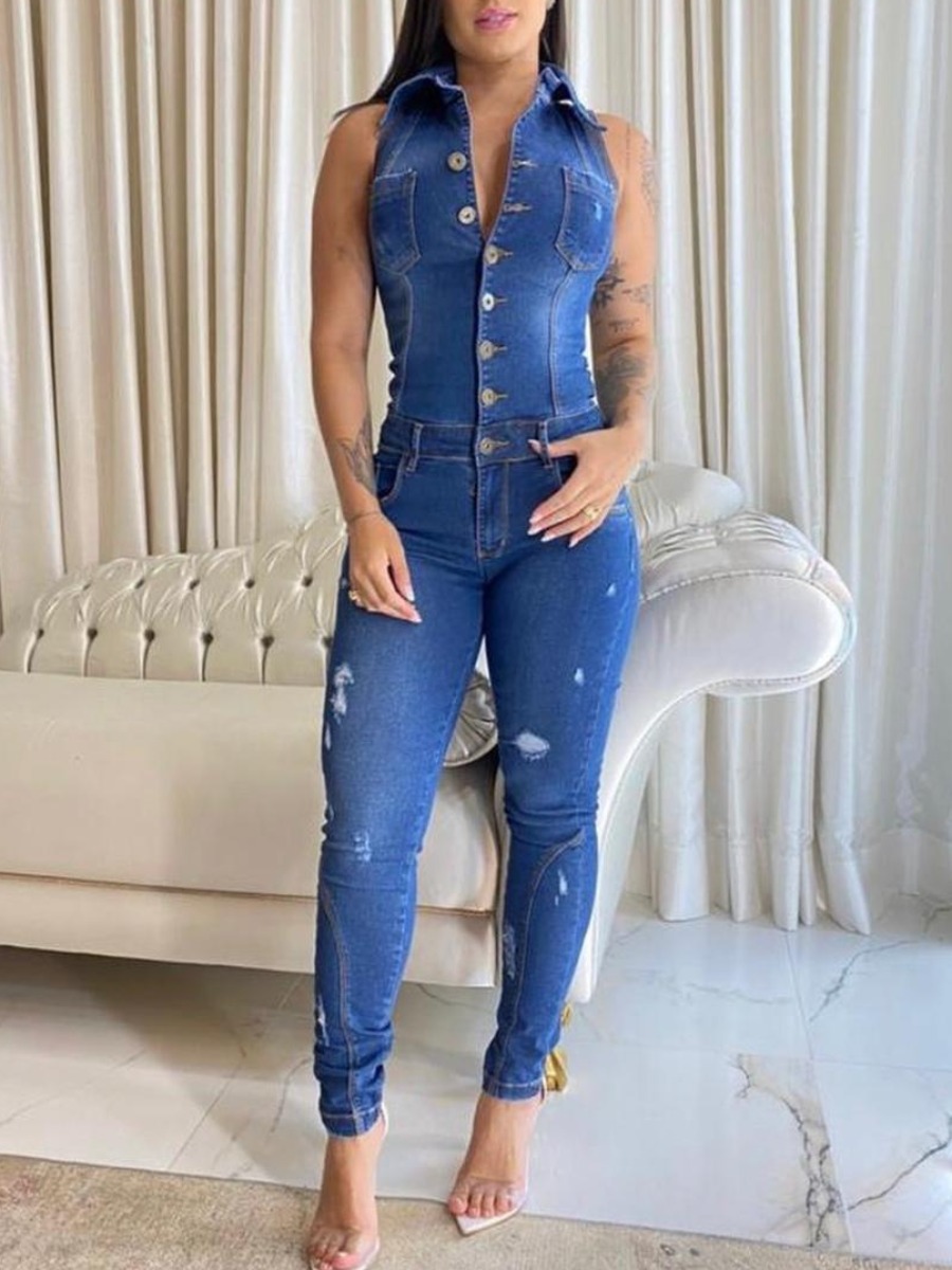 

LW Turndown Collar Ripped Denim Jumpsuit, Blue