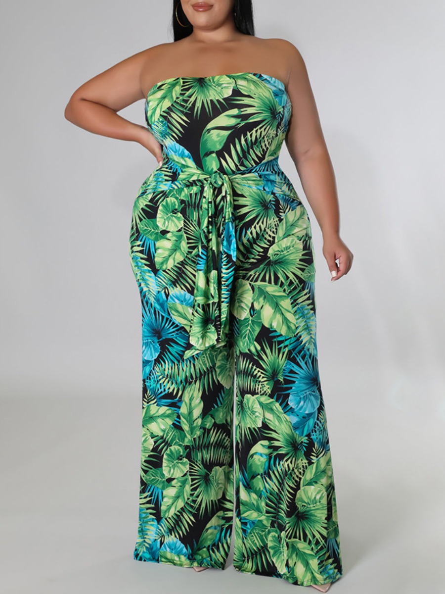 

LW Plus Size Off The Shoulder Floral Print Jumpsuit, Green