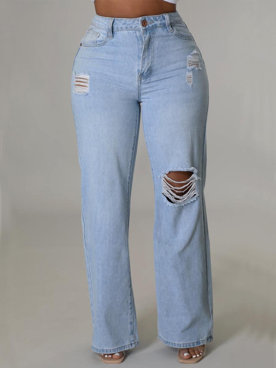 

LW Mid Waist Ripped Straight Jeans, Baby blue