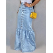 LW Button Ruffle Design Denim Skirt
