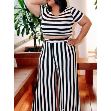 

LW Plus Size Crop Top Striped Pants Set, White stripe