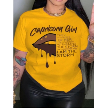 

LW Plus Size Lip Letter Print T-shirt, Yellow