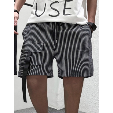 

LW Men Striped Buckle Design Shorts, Black