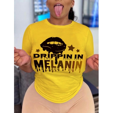 

LW Plus Size Lip Melanin Letter Print T-shirt, Yellow