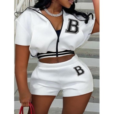 

LW Plus Size Letter Decor Striped Shorts Set, White