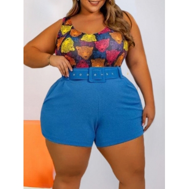 

LW Plus Size Animal Print Belt Design Shorts Set, Blue