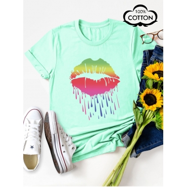 

LW COTTON Plus Size Gradient Lip Print T-shirt, Green