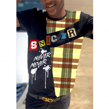 

LW Men Plaid Letter Print T-shirt, Black