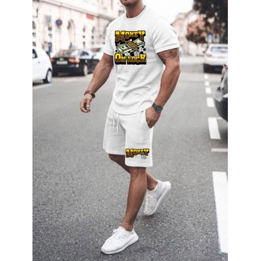 

LW Men Money Letter Print Shorts Set, White