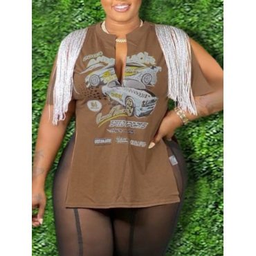 

LW Plus Size Tassel Design Split See-through Pants Set, Brown