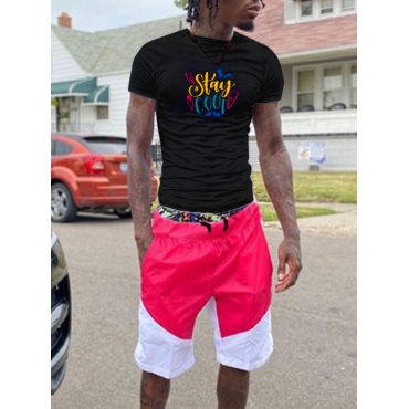 

LW Men Casual Letter Print Color-lump Shorts Set, Black