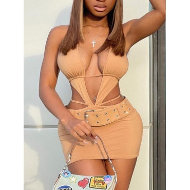 

LW SXY Plus Size Backless Belt Design Dress, Khaki