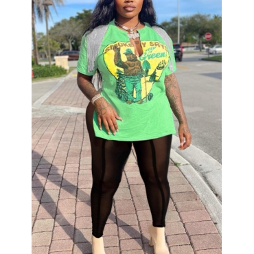 

LW Plus Size Figure Print Tassel Design Split Pants Set, Green