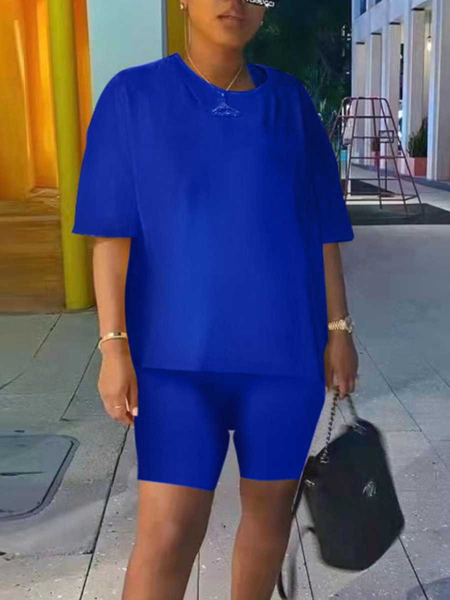 

LW BASICS Round Neck Loose Stretchy Shorts Set, Blue
