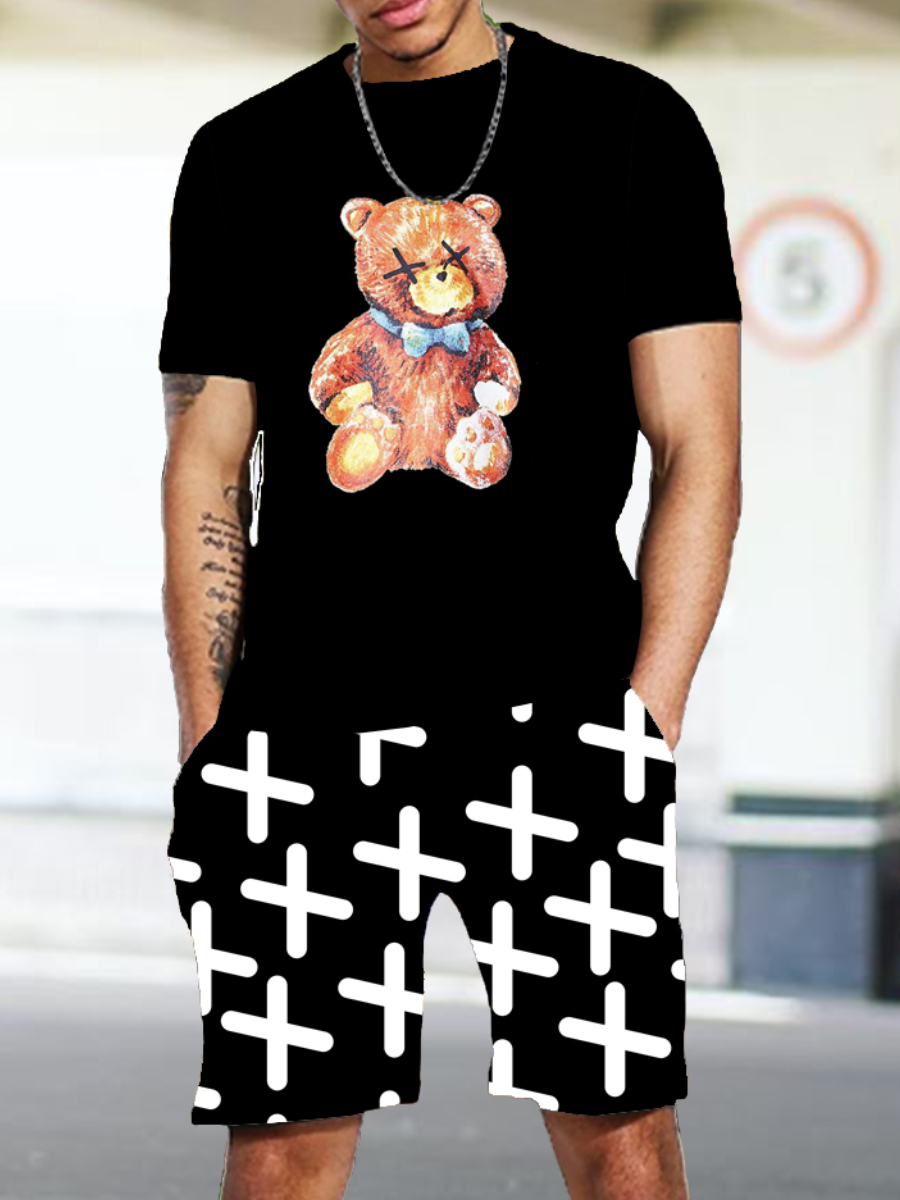 LW Men Cartoon Letter Print Shorts Set