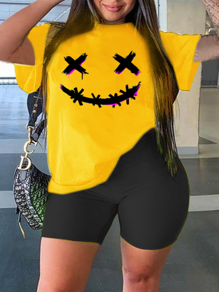 

LW Plus Size Smiley Face Letter Print Shorts Set, Yellow